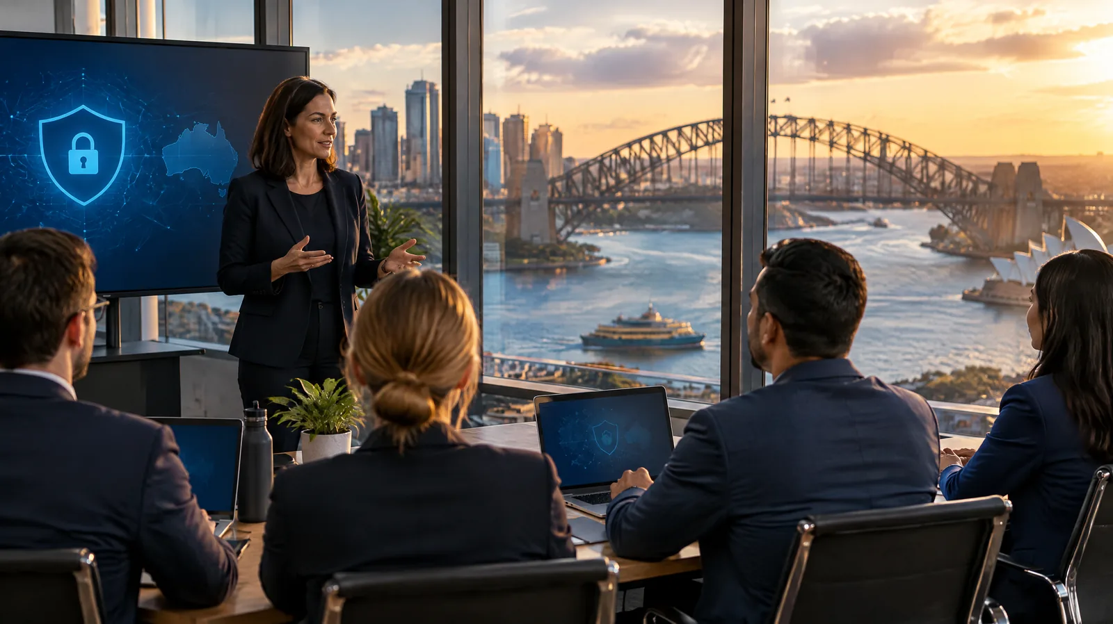 Training session in an office overlooking a harbour city with a steel arch bridge at golden hour, representing cyber security compliance training in Australia