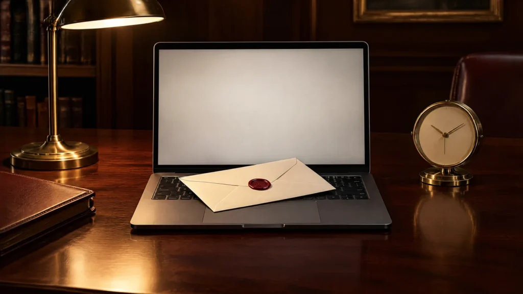 A sealed envelope on a laptop beside a desk clock, representing the deadline to notify a data breach.