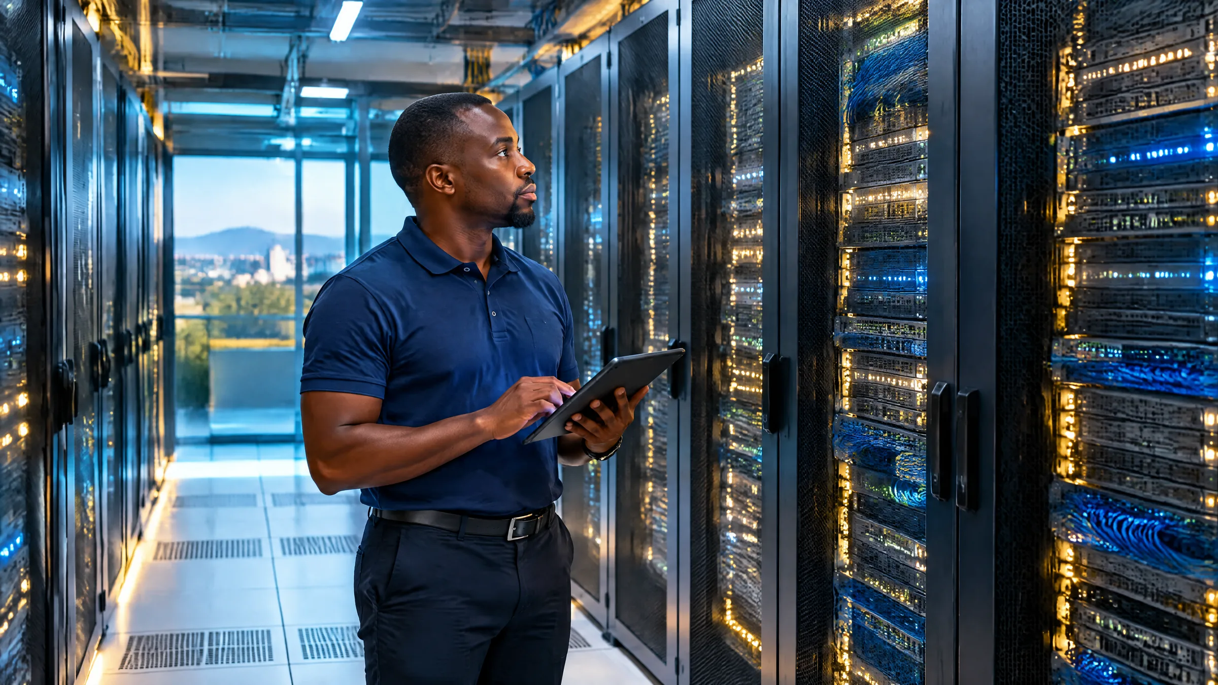 An engineer inspecting illuminated server racks in a Lusaka data centre, representing keeping sensitive personal data hosted in Zambia