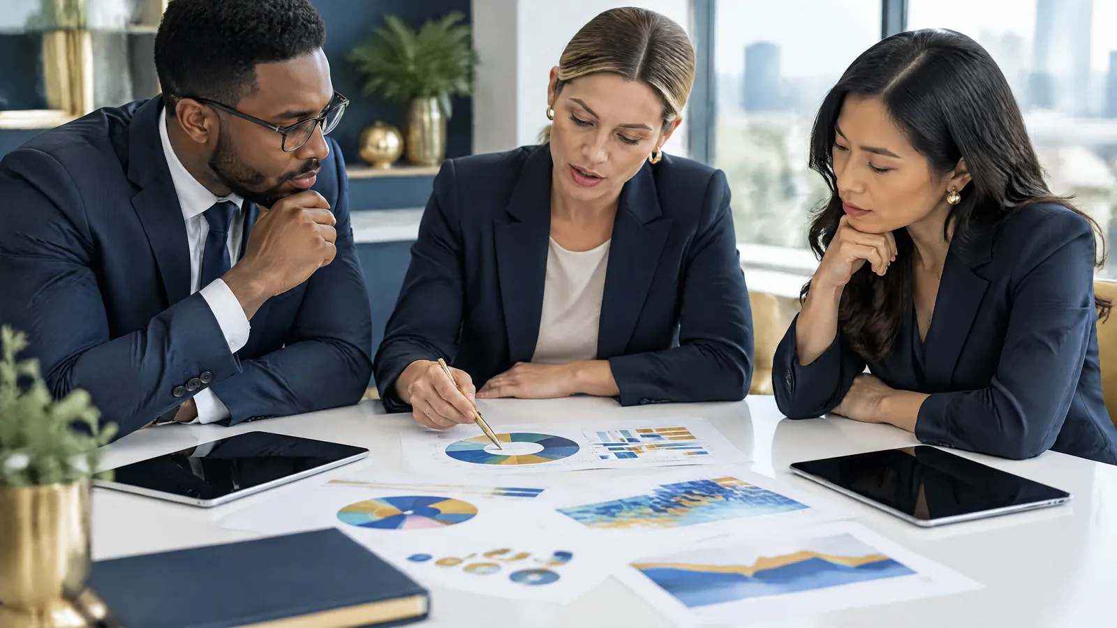 Analysts review data sensitivity and compliance reports at a meeting table.