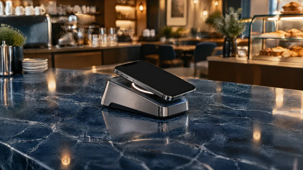 A smartphone resting on a contactless payment terminal, representing digital wallet payment security.