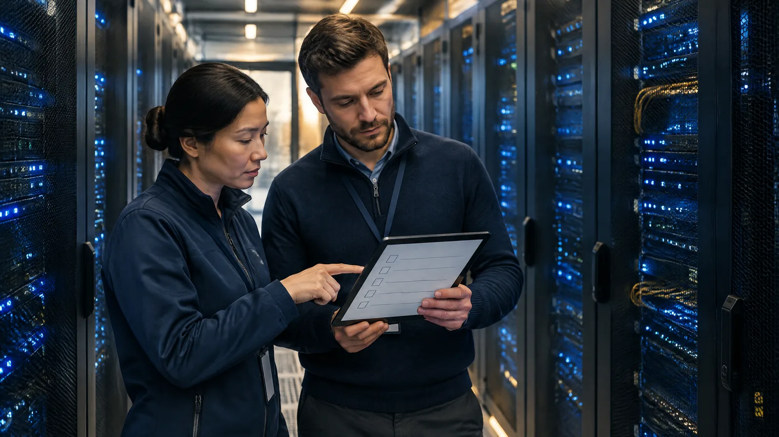 Two engineers in a data centre aisle reviewing a recovery checklist on a tablet, representing disaster recovery and continuity training