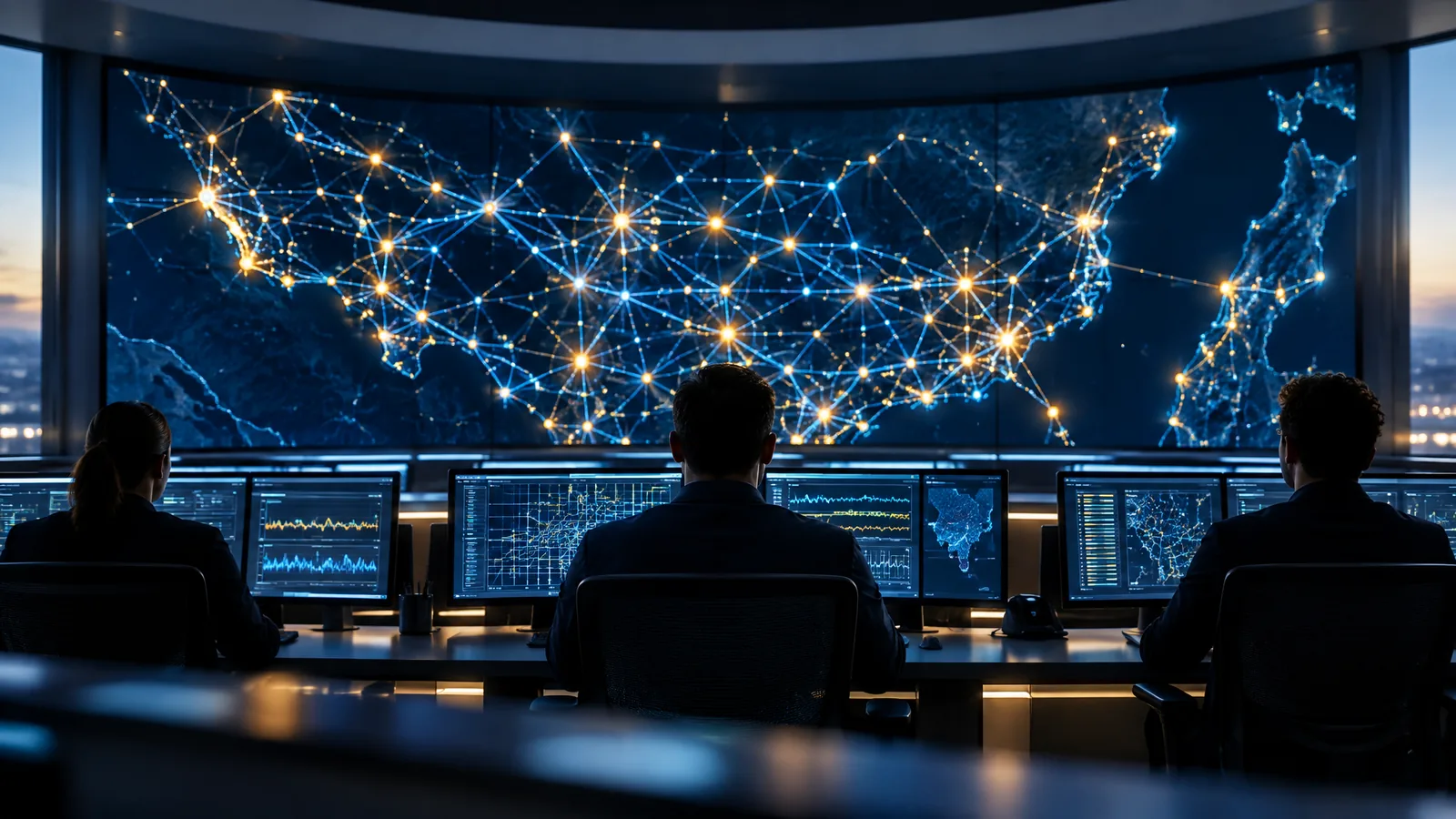 Electricity grid control room with a curved video wall showing an abstract network map and operators in silhouette, representing grid monitoring and situational awareness