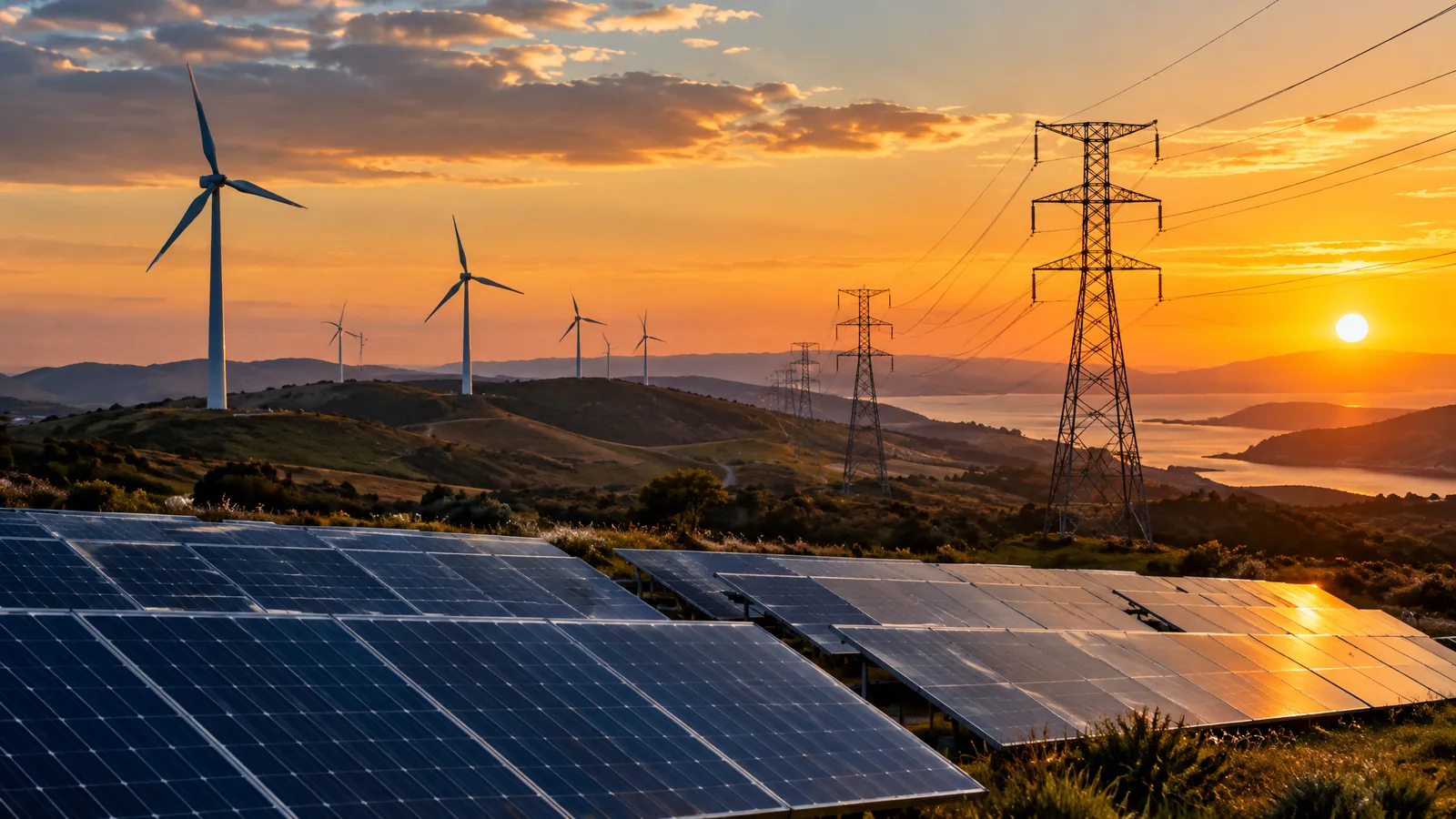 Solar farm, wind turbines and transmission towers at sunset, representing energy sector cyber security in Australia and New Zealand