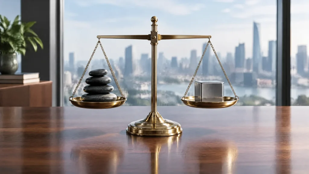 A brass balance scale weighing stones against a steel cube, representing enterprise risk management and risk appetite.