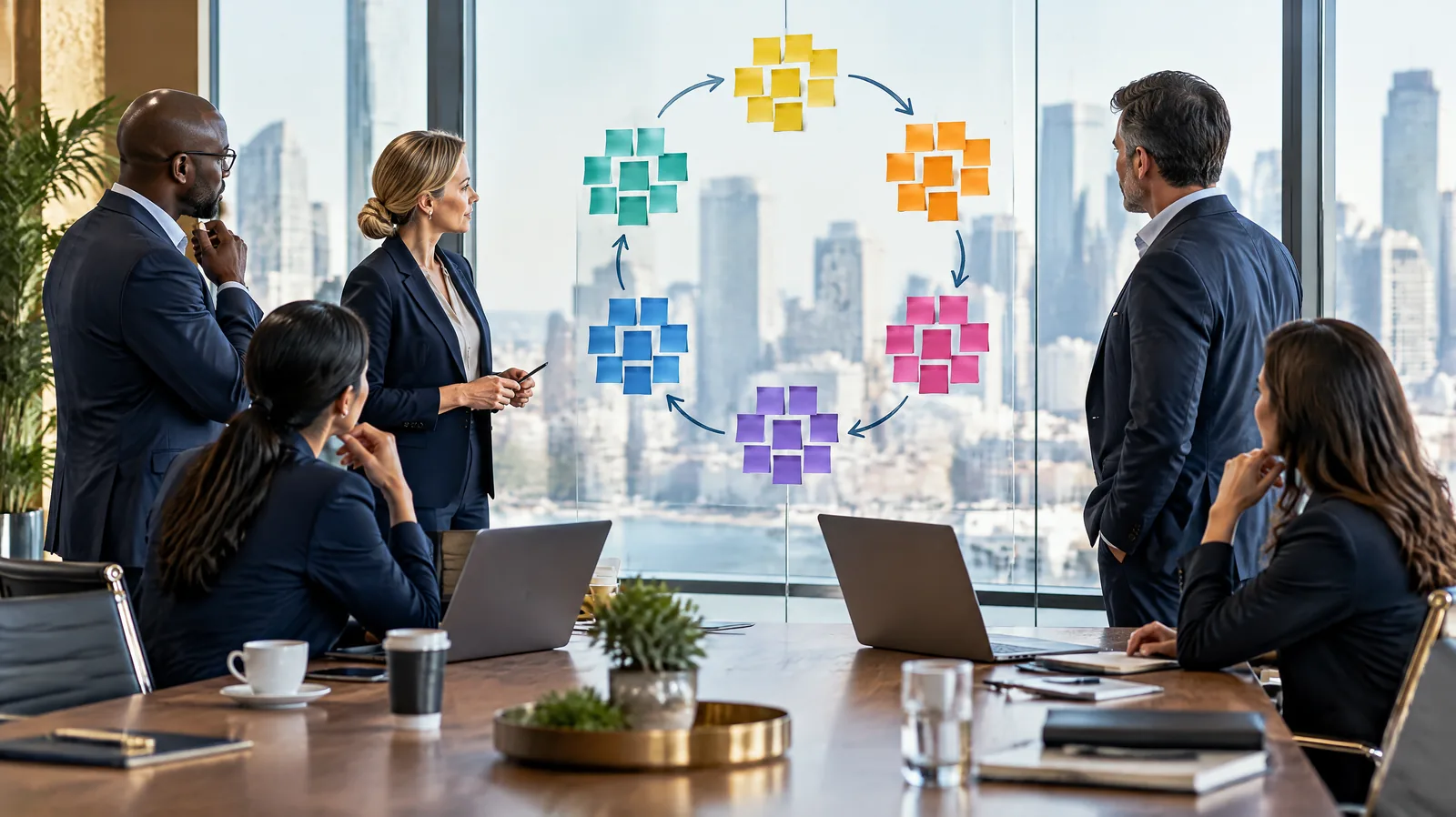 Leadership team in a boardroom reviewing sticky notes arranged in a circular six-stage loop, representing the enterprise risk management process