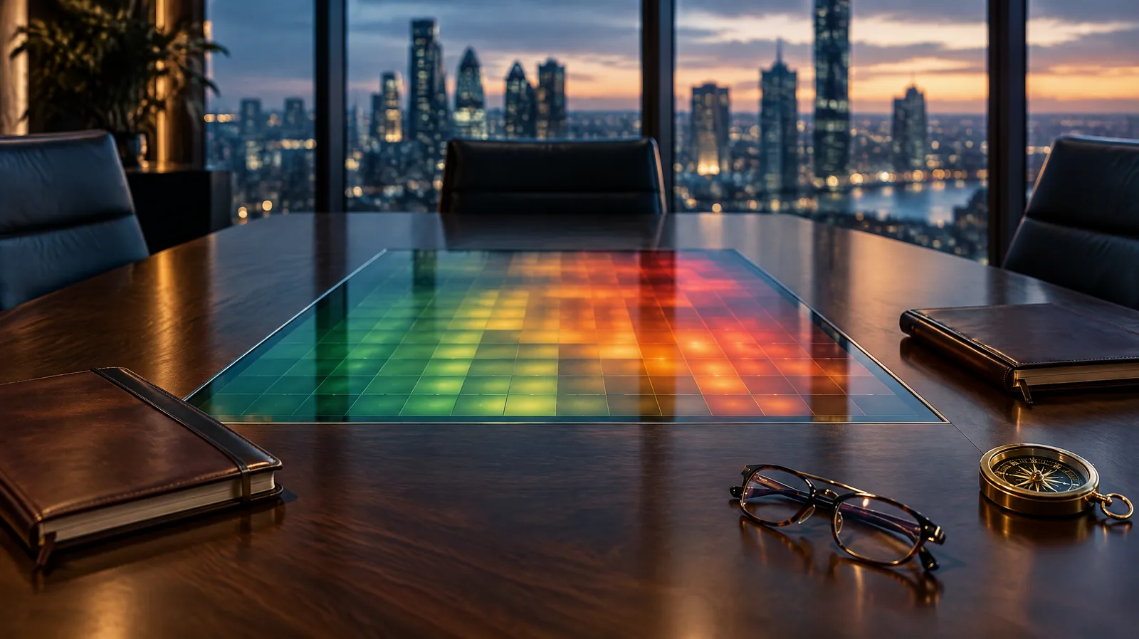 Boardroom table with a glowing risk heat map panel, notebooks and a compass, representing enterprise risk management services and board oversight
