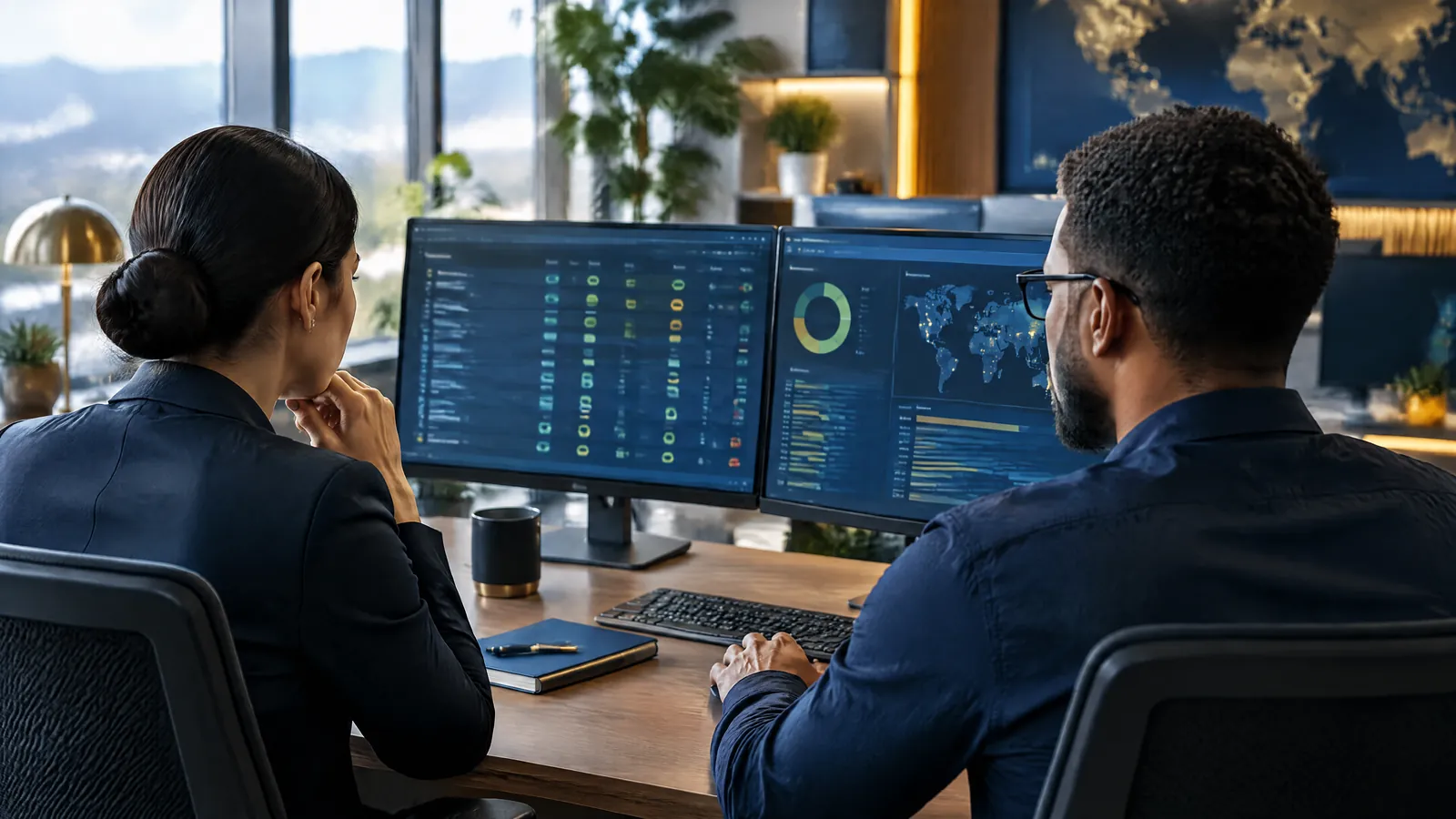 Two security analysts review patching progress toward an Essential Eight maturity level.