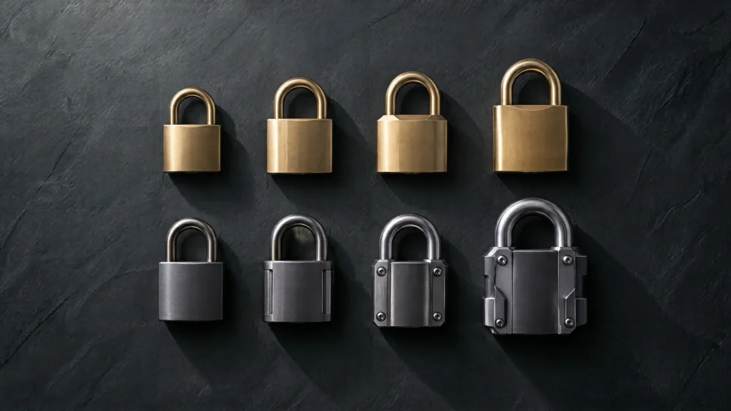 Eight padlocks graduated from simple to high security, representing Essential Eight maturity levels two and three.