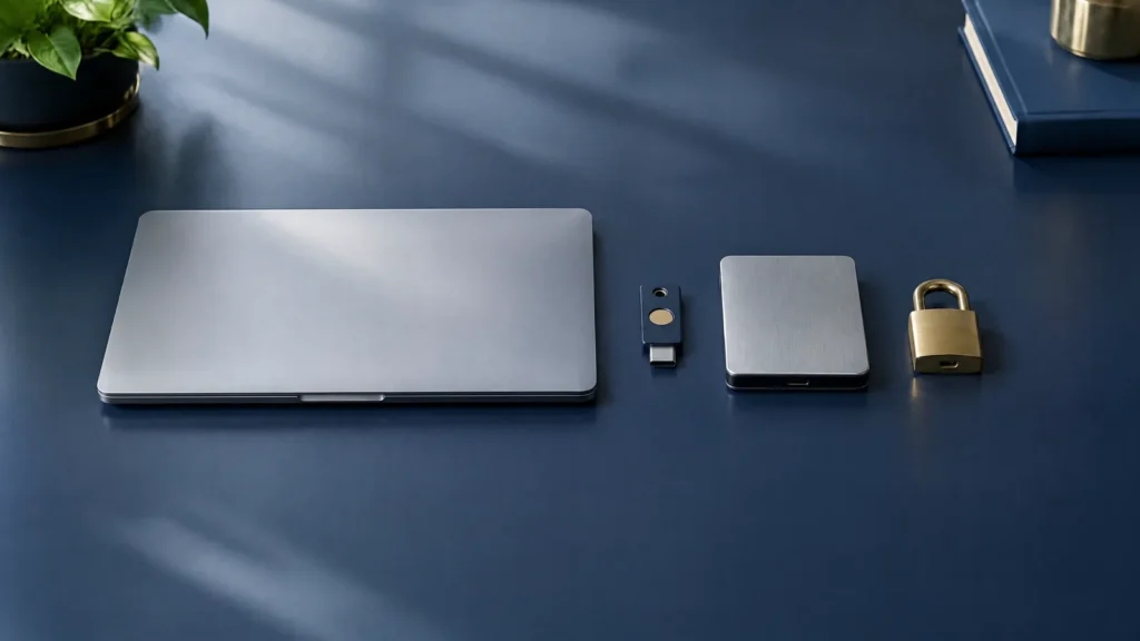 A laptop, hardware security key, backup drive and padlock in a row, representing Essential Eight controls for Australian businesses.
