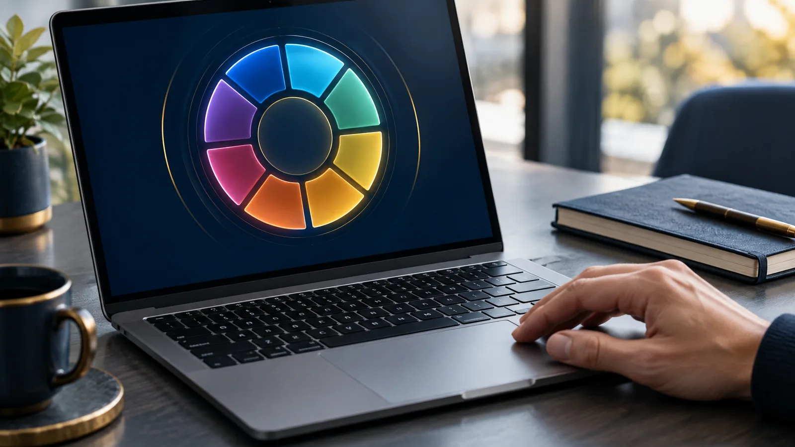 Laptop showing a circular gauge with eight glowing segments, representing Essential Eight maturity training