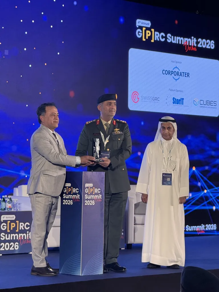 Security Solution Consultants receiving a recognition award on stage at GPRC Summit 2026 in Dubai