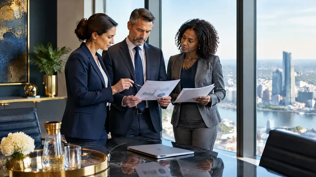 A governance lead, a risk officer and an internal auditor compare notes in a modern boardroom.