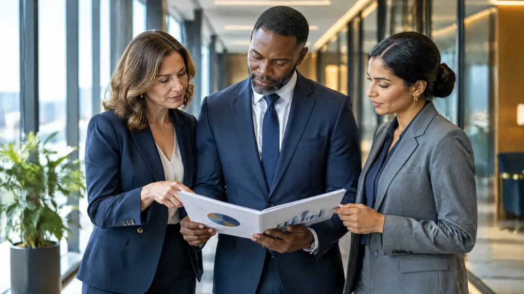 A governance lead, risk manager and compliance officer review a GRC report together.