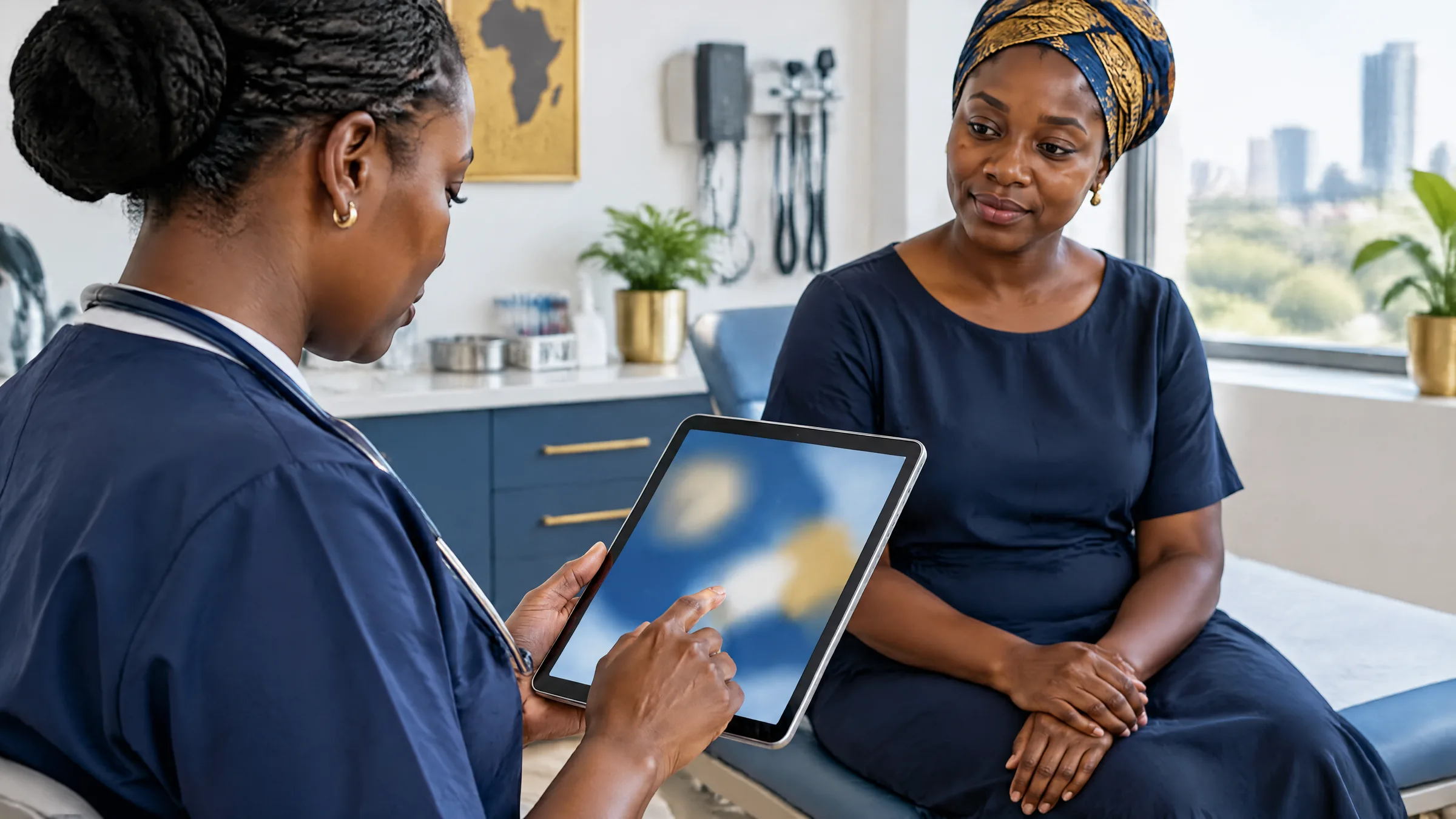 A clinician entering patient information on a tablet in a modern Kenyan clinic, representing health data protection under the Data Protection Act and the Digital Health Act