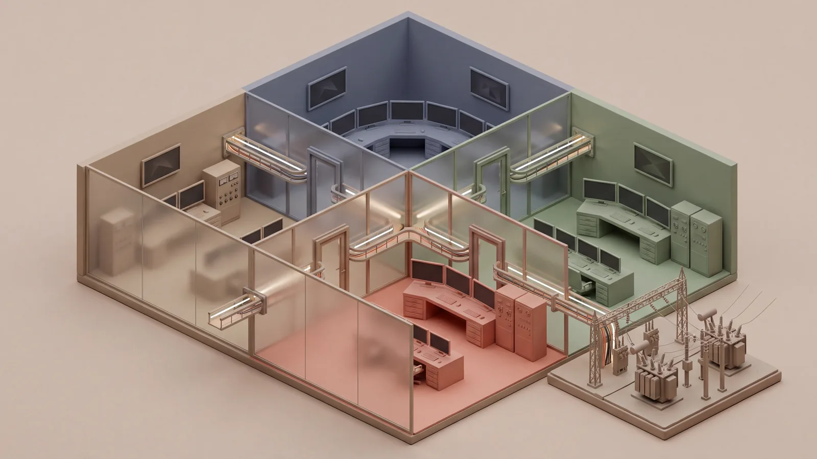 Empty substation control room divided by frosted glass partitions into colour-tinted zones, with glowing cable trays passing through sealed openings between them, representing IEC 62443 zones and conduits