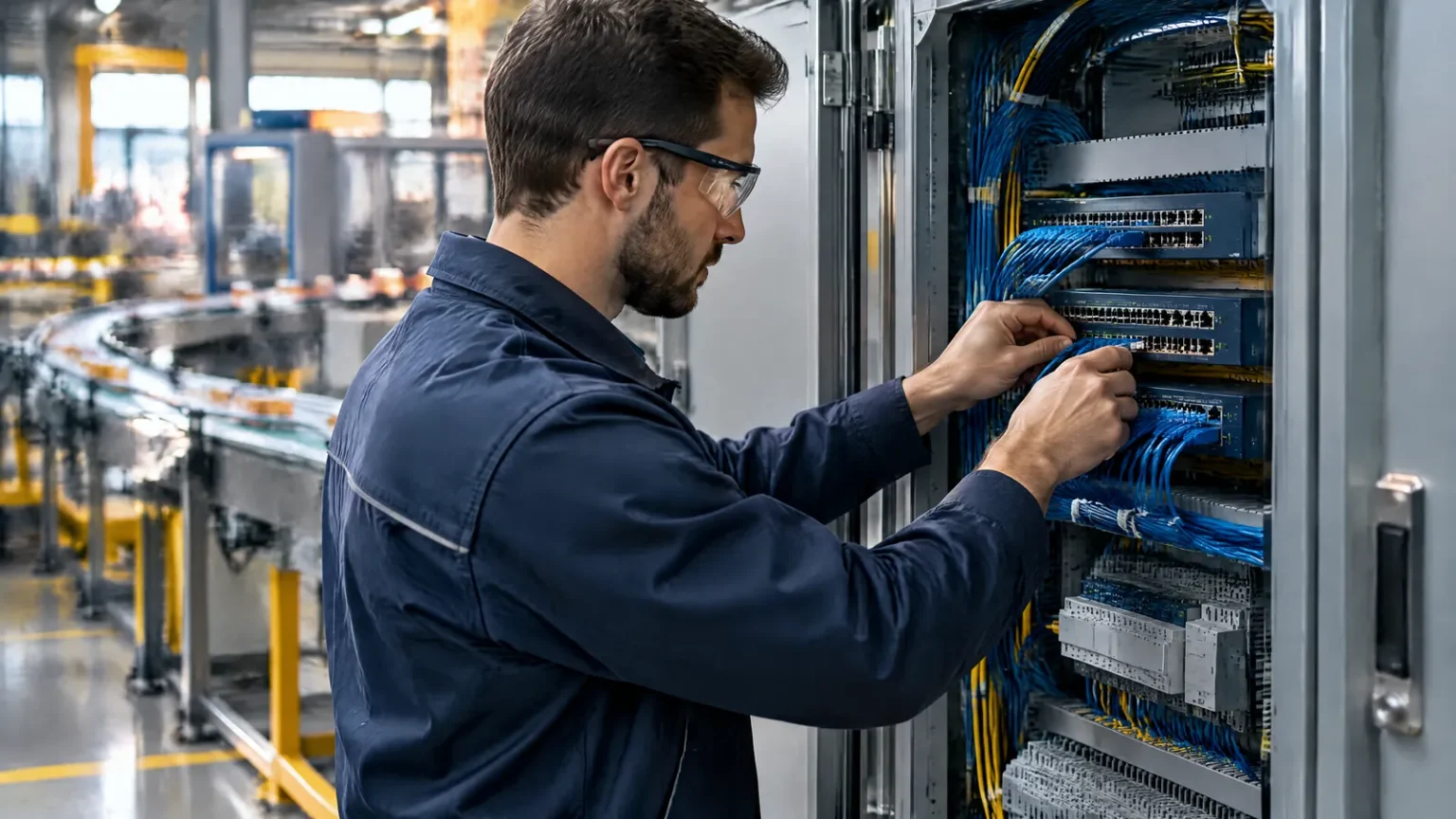 An engineer checks industrial network switches inside a control panel on a factory floor.