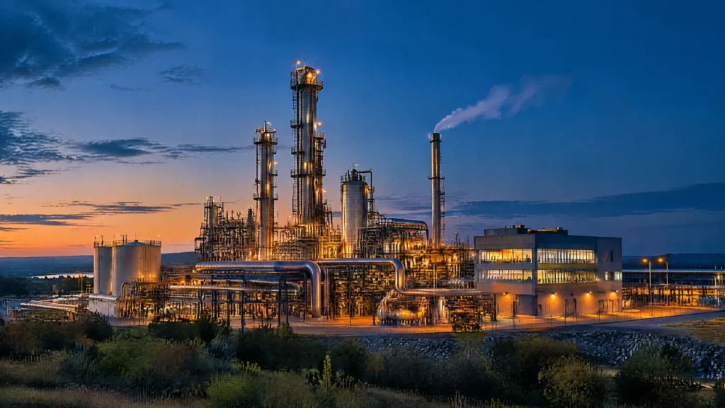 An industrial processing plant at dusk, representing operational technology and industrial cyber security.