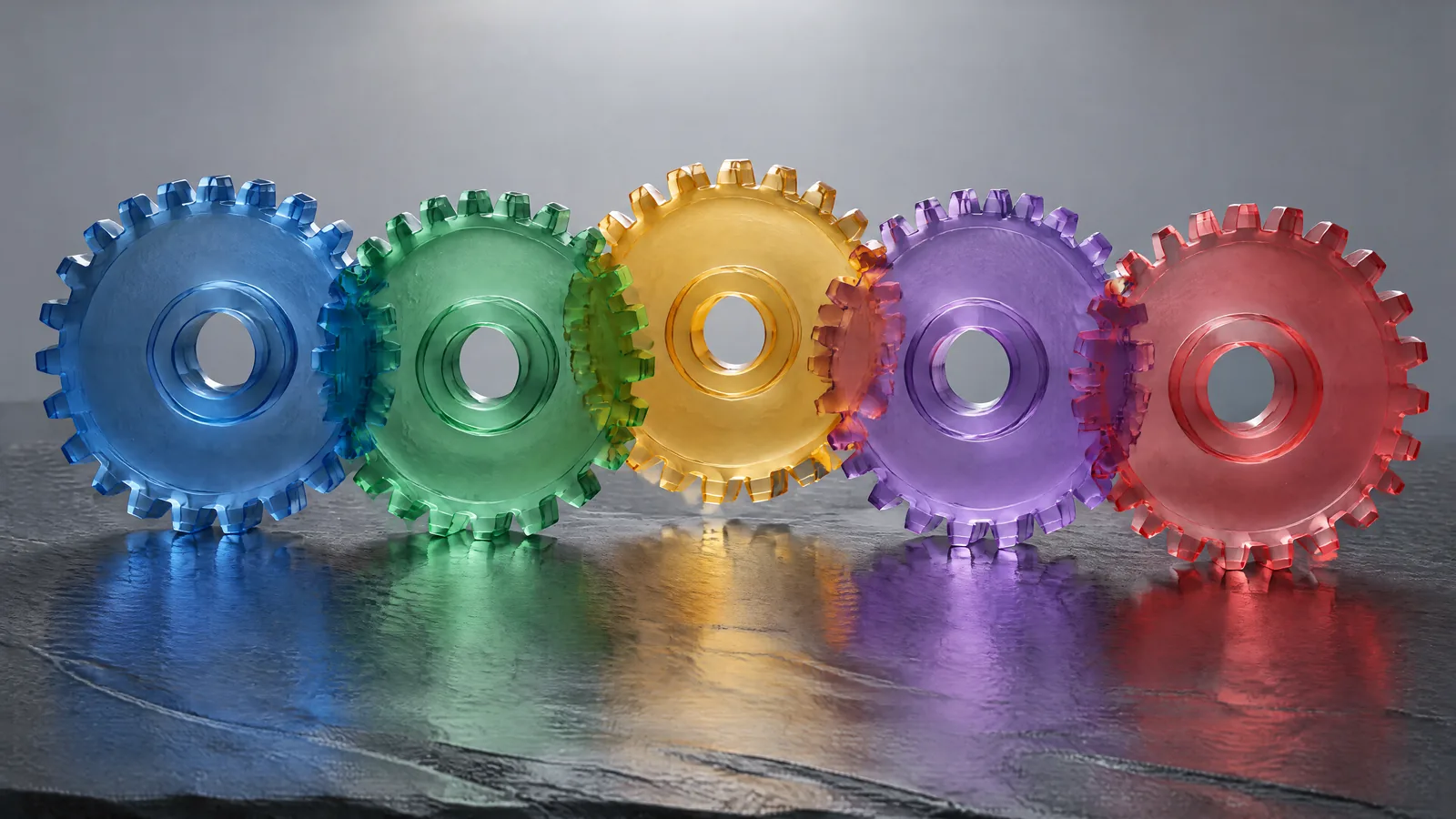 Five interlocking glass gears in different colours representing an integrated management system across ISO standards