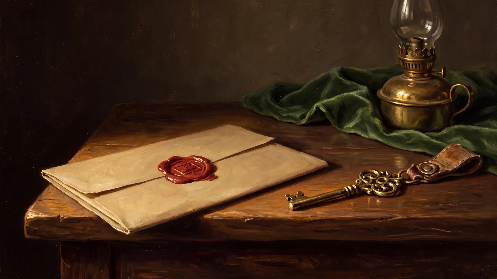 Still life of a plain buff folder closed with a crimson wax seal beside a brass server key on a dark walnut desk, representing controlled evidence for an IRAP assessment