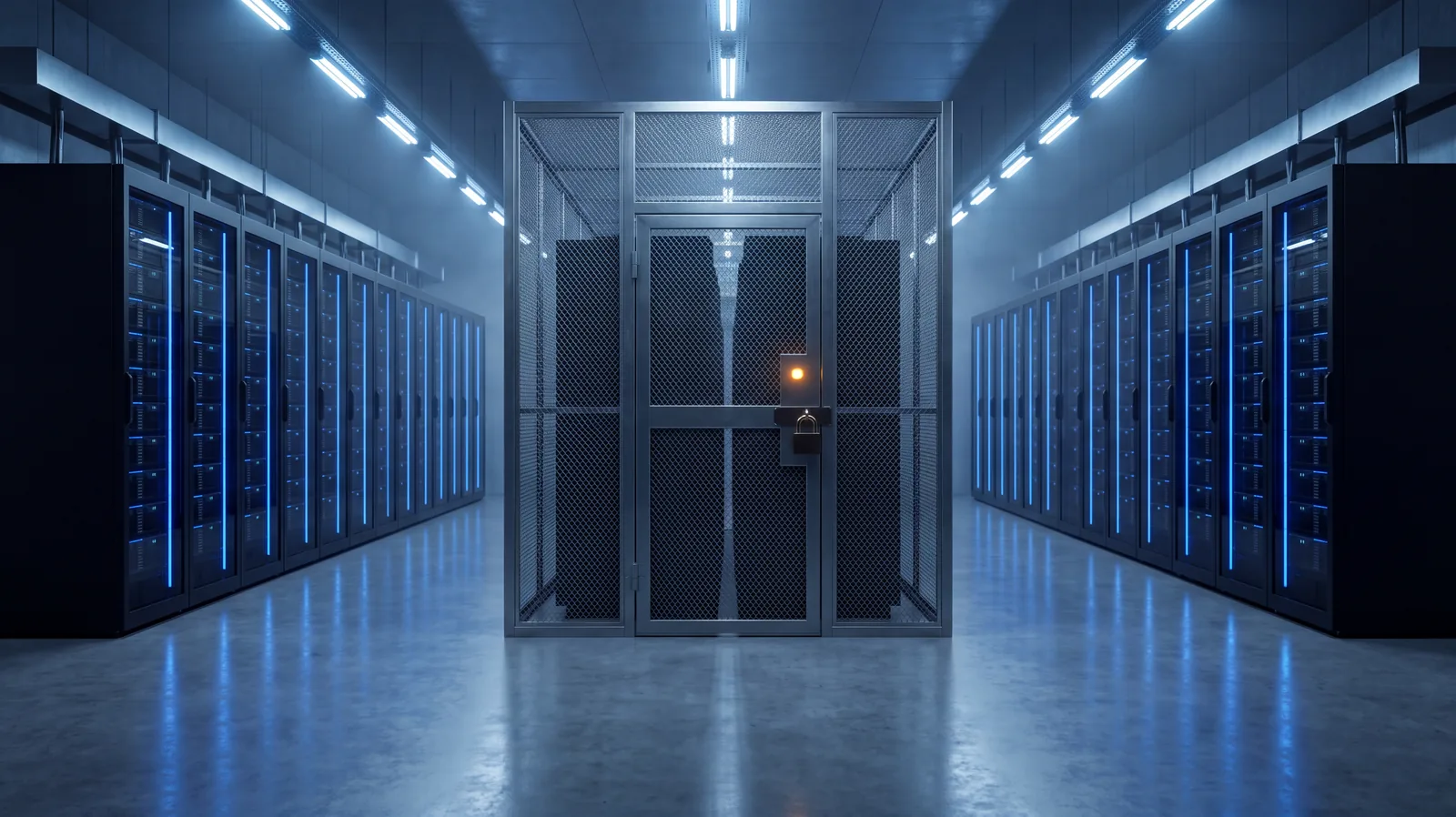 Symmetrical view down a secure data hall with rows of server racks under cool blue light and a sealed steel mesh cage in the centre, representing a protected government hosting environment