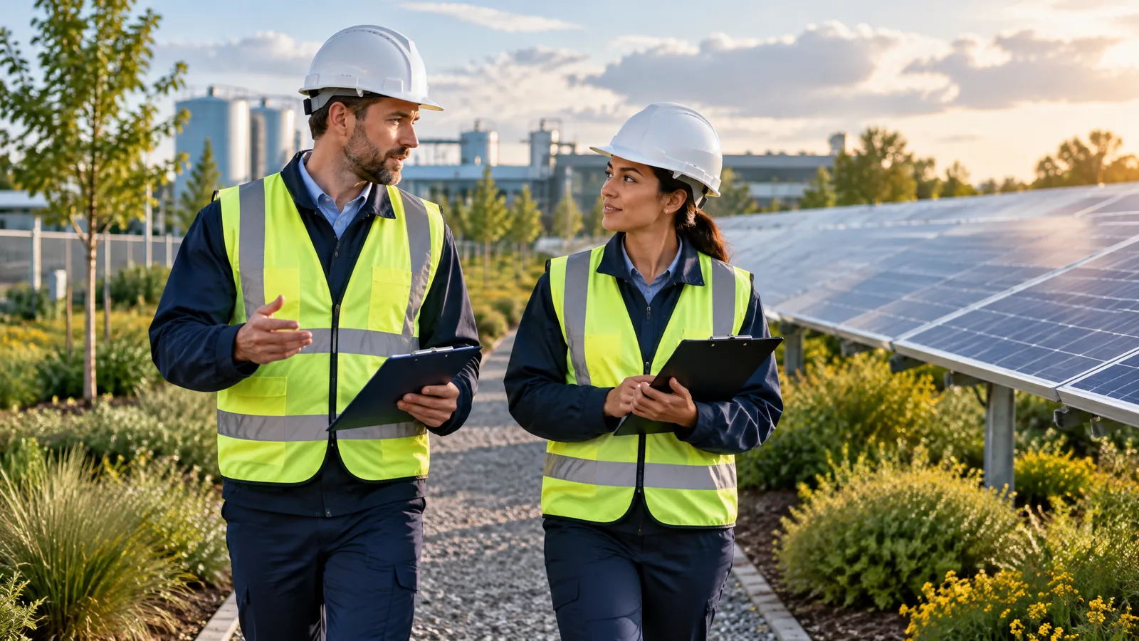 Two professionals in hard hats walking an industrial site beside solar panels with a clipboard, representing environmental and safety audit training