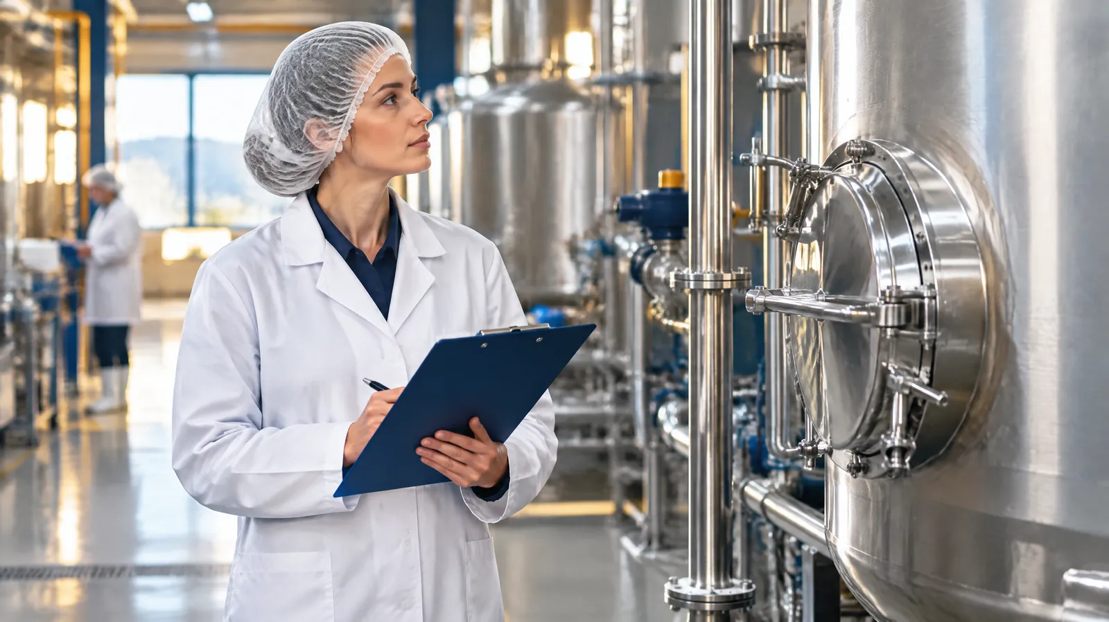 Food safety specialist in a white coat and hairnet inspecting stainless steel equipment, representing ISO 22000 consulting