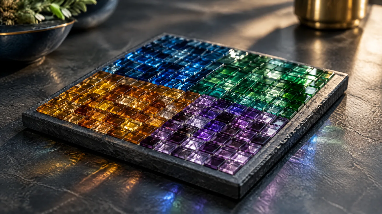 Square mosaic of glass tiles in four colour groups, representing the ISO 27001 Annex A controls grouped into four themes
