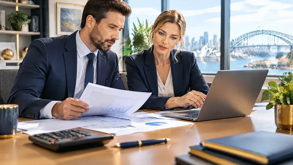 A finance manager and an ISO 27001 consultant review certification budget papers.