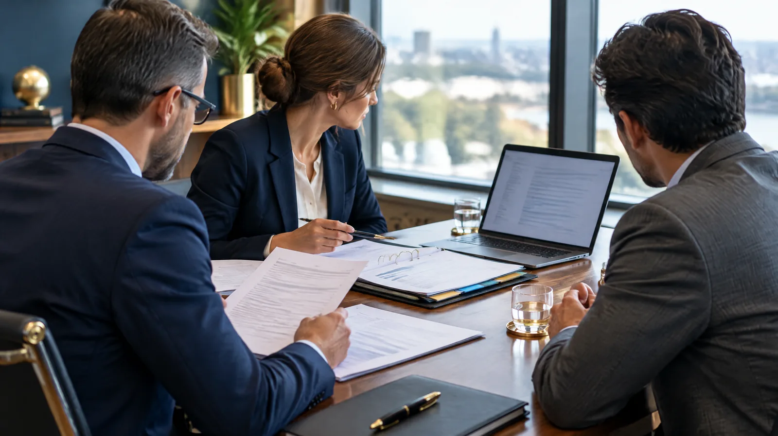 Auditors and a client reviewing documents and a binder at a meeting table, representing an ISO 27001 certification audit