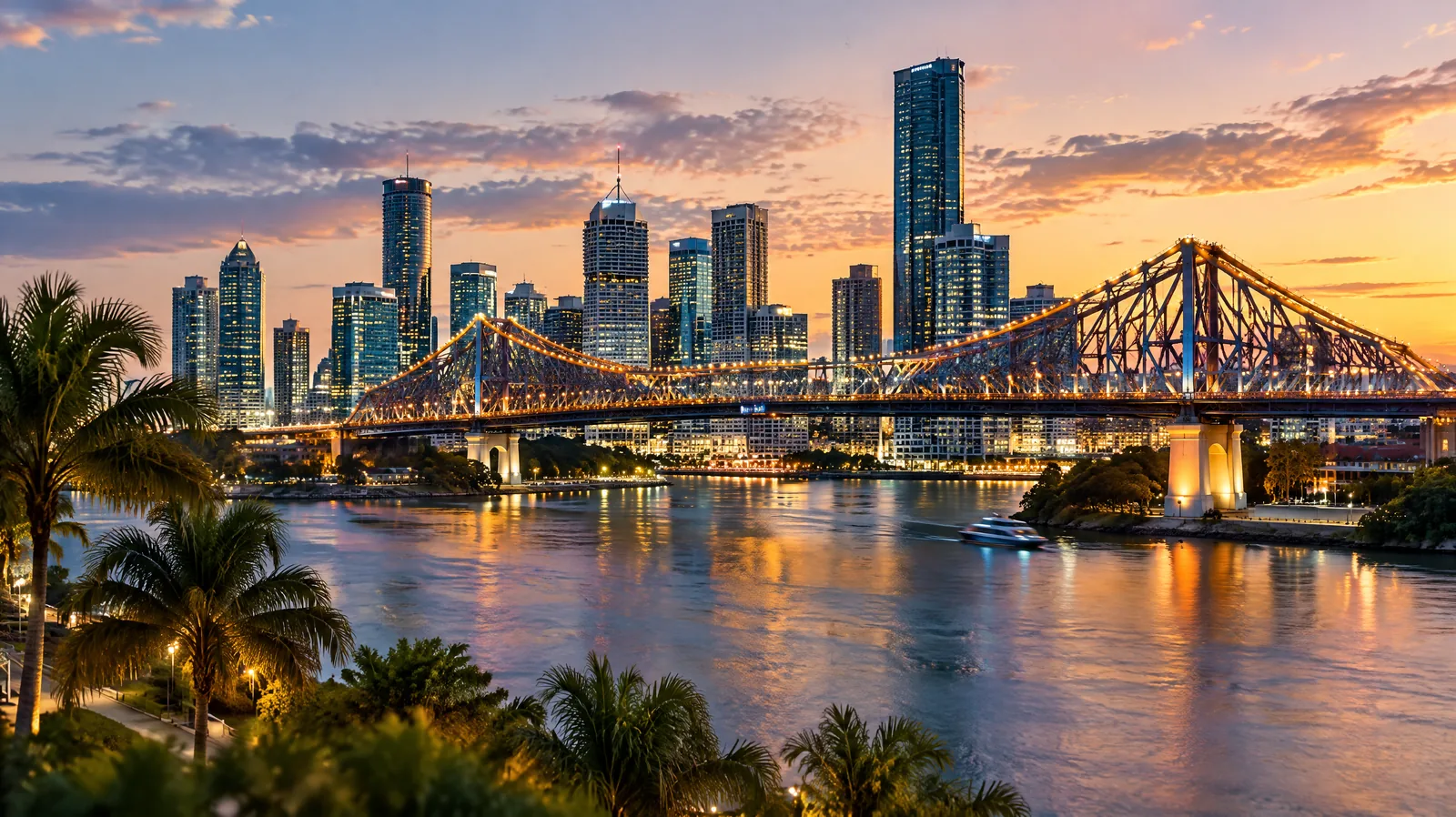 Brisbane river skyline at dusk with a lit cantilever bridge, representing ISO 27001 certification for Brisbane organisations