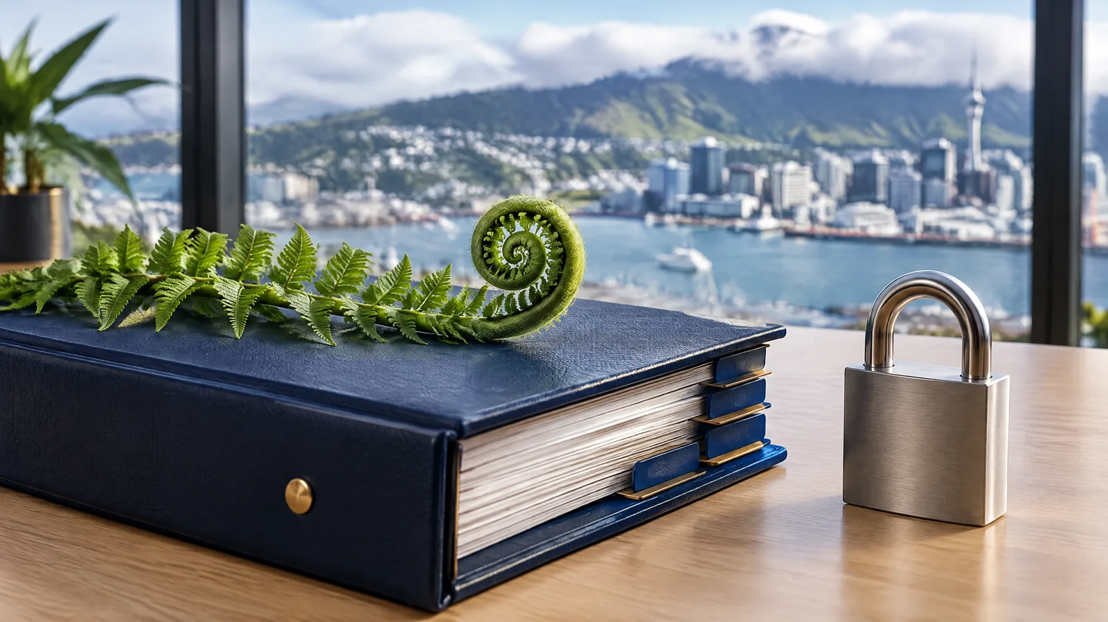 Unfurling fern frond on an information security binder beside a padlock, representing ISO 27001 certification in New Zealand