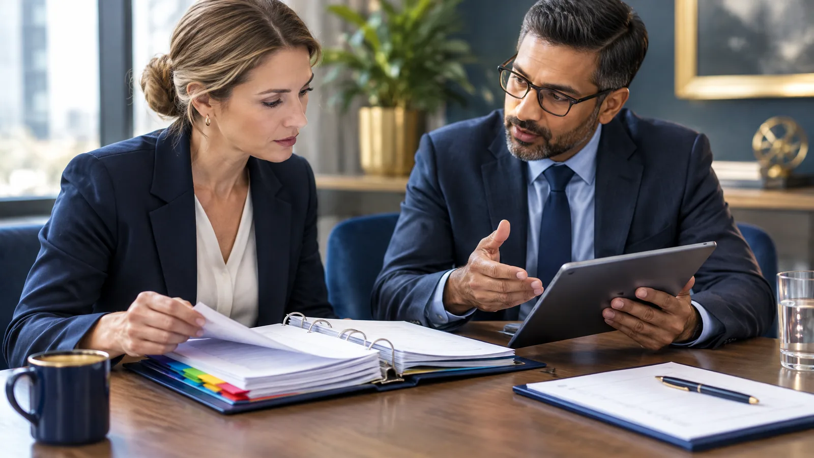 Two professionals in an audit role-play reviewing a binder of evidence and a tablet, representing ISO 27001 auditor training