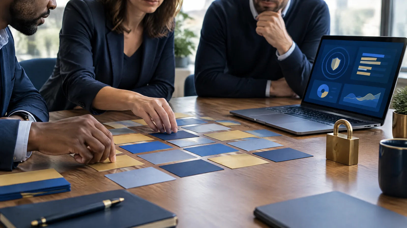 Workshop participants arranging coloured cards into a control grid beside a laptop, representing ISO 27001 implementer training