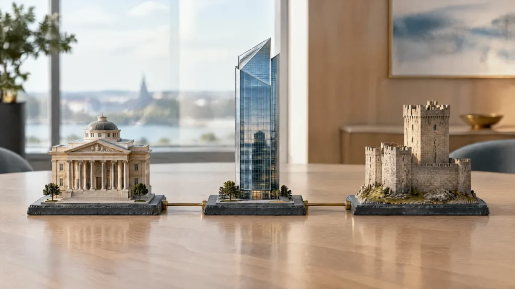 Three architectural scale models side by side, representing a comparison of ISO 27001, NIST and CIS Controls.