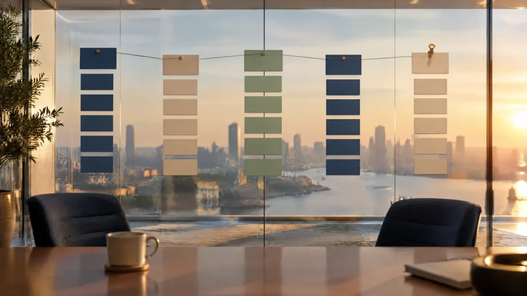 A glass planning wall with phased columns of cards and a final milestone pin, representing an ISO 27001 implementation roadmap.