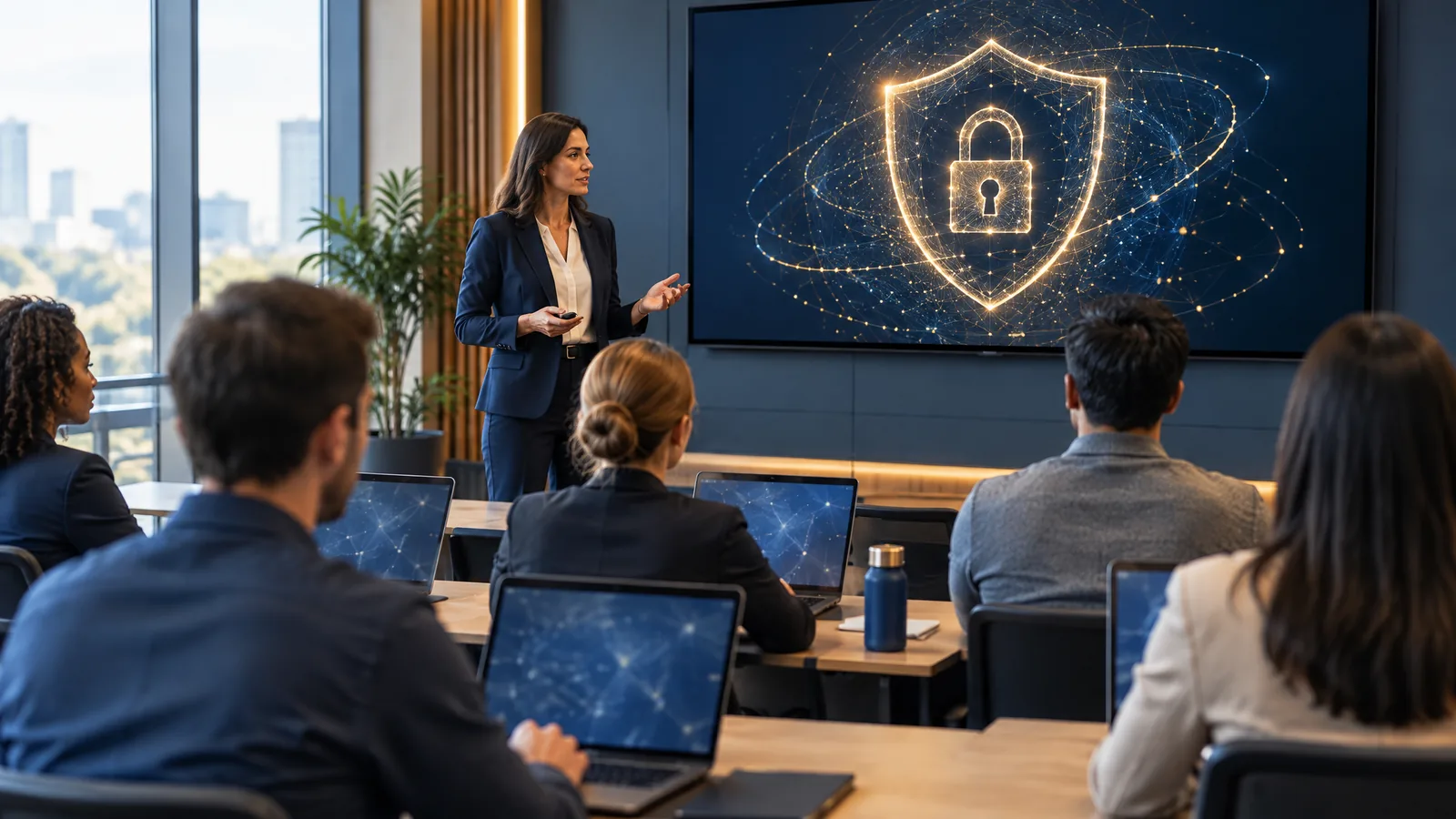 Instructor beside a screen showing a glowing shield and padlock graphic while participants work on laptops, representing ISO 27001 training