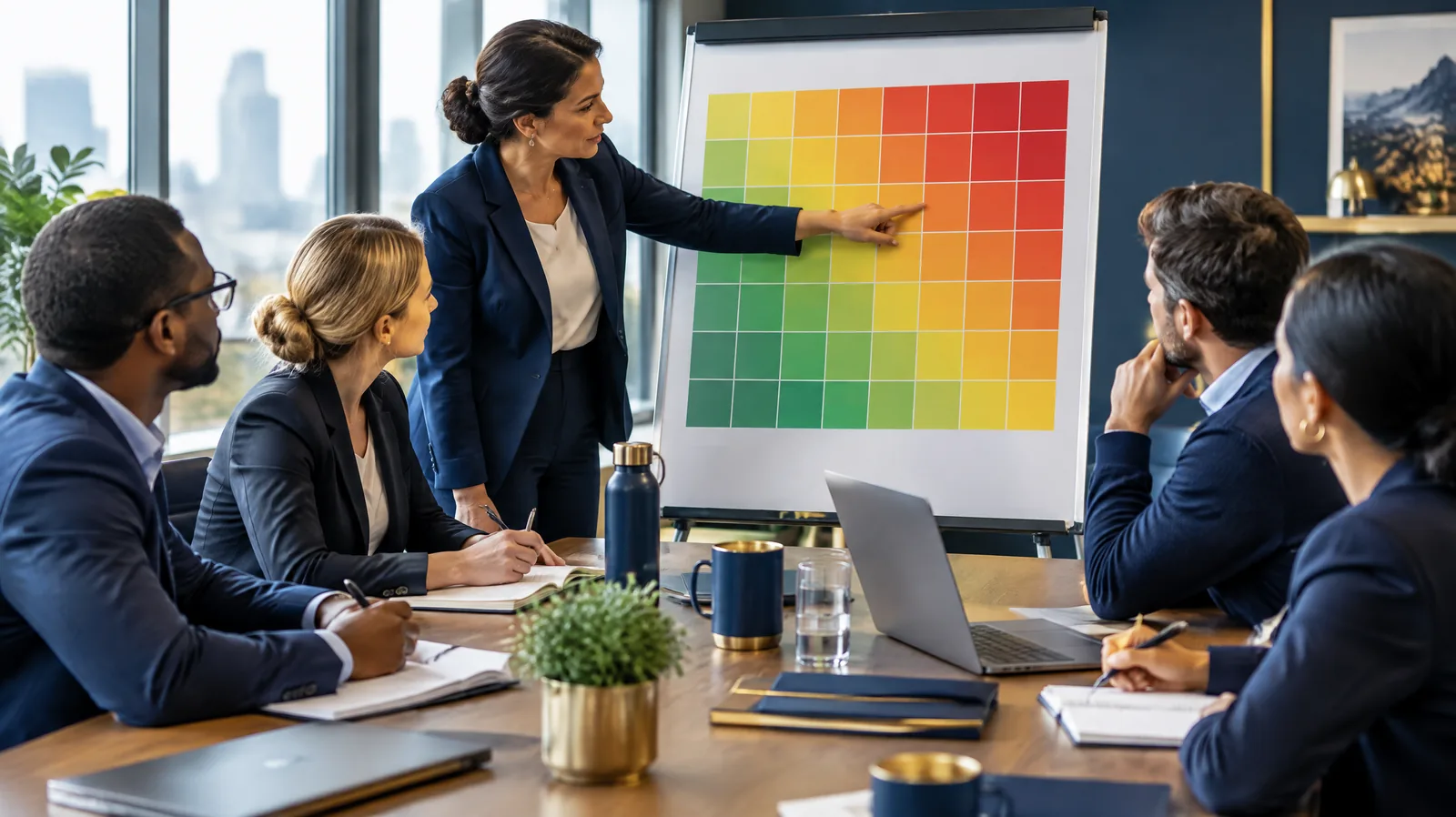 Participants studying a risk heat map poster while the instructor points to a square, representing ISO 31000 risk management training