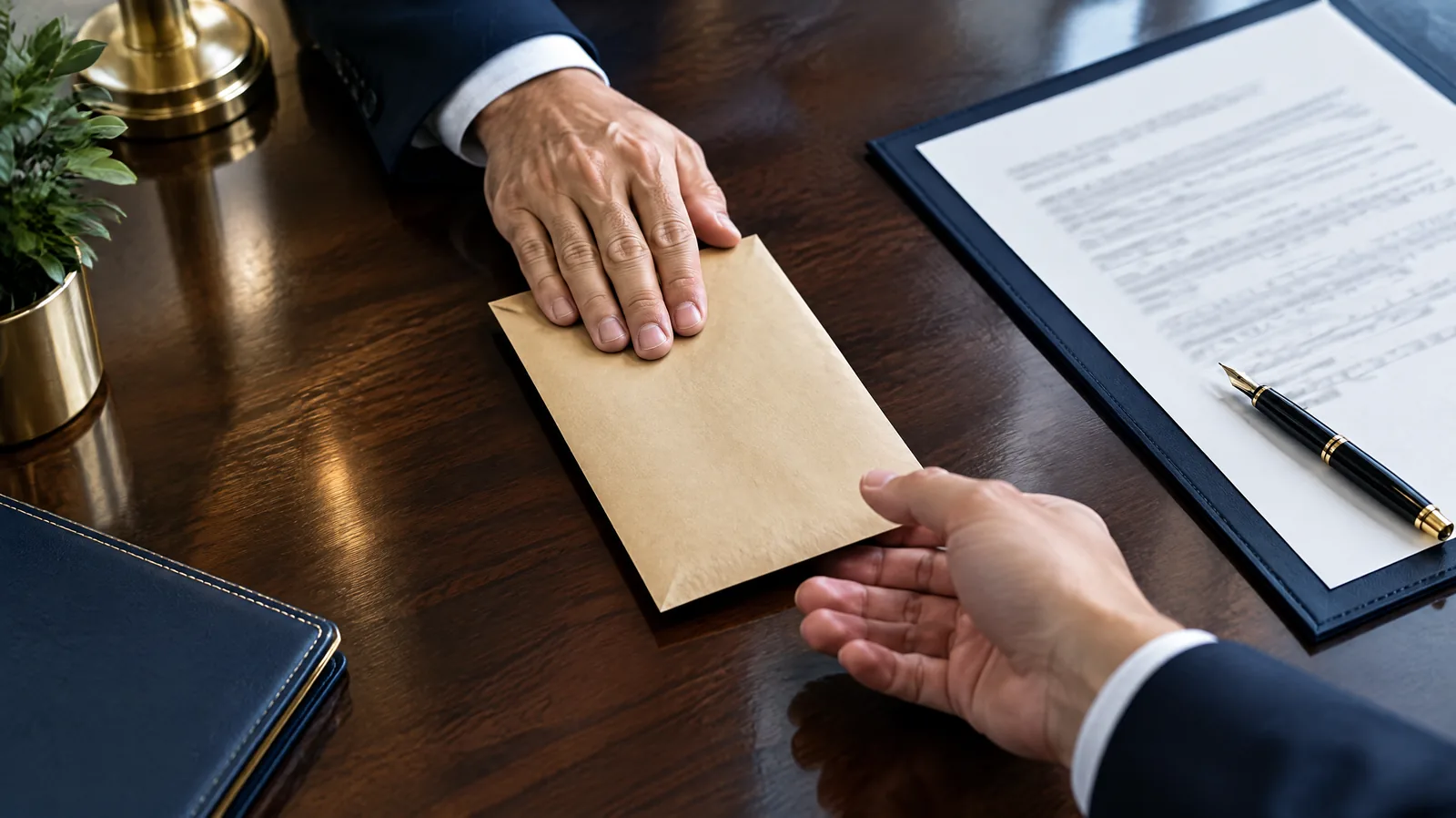 Hand pushing back an envelope across a desk beside a contract, representing ISO 37001 anti-bribery training