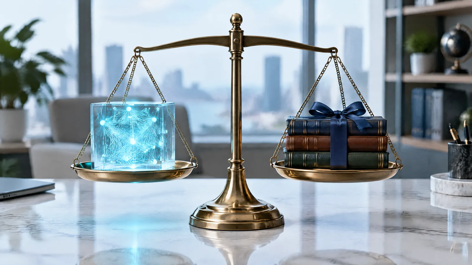 Glass cube of glowing neural filaments balanced on a brass scale against bound policy books, representing ISO 42001 AI governance