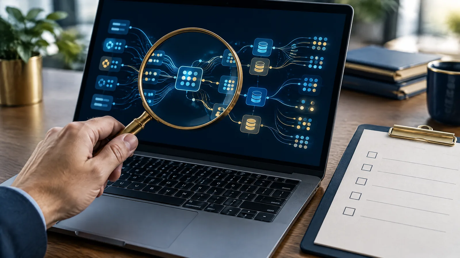 Magnifying glass over a laptop showing a flow of data nodes, representing auditing an AI management system