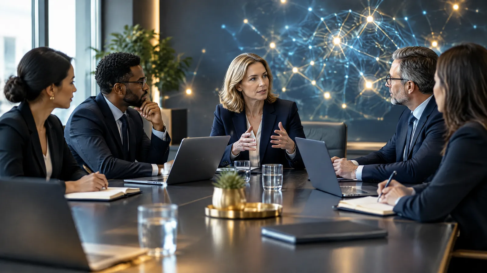 AI governance committee around a conference table with a glowing network projected on the wall, representing ISO 42001 consulting