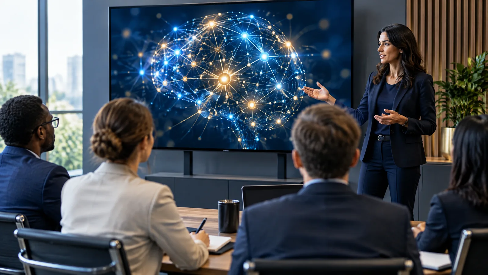 Instructor beside a screen showing a glowing neural network while participants listen, representing ISO 42001 AI management system training