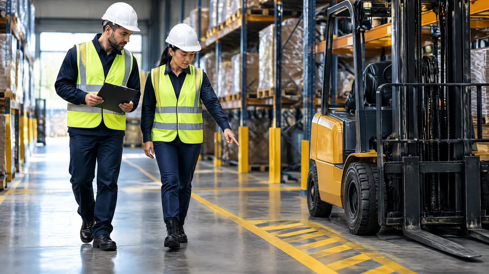 Two people in hard hats and vests checking a warehouse forklift aisle with a clipboard, representing ISO 45001 consulting