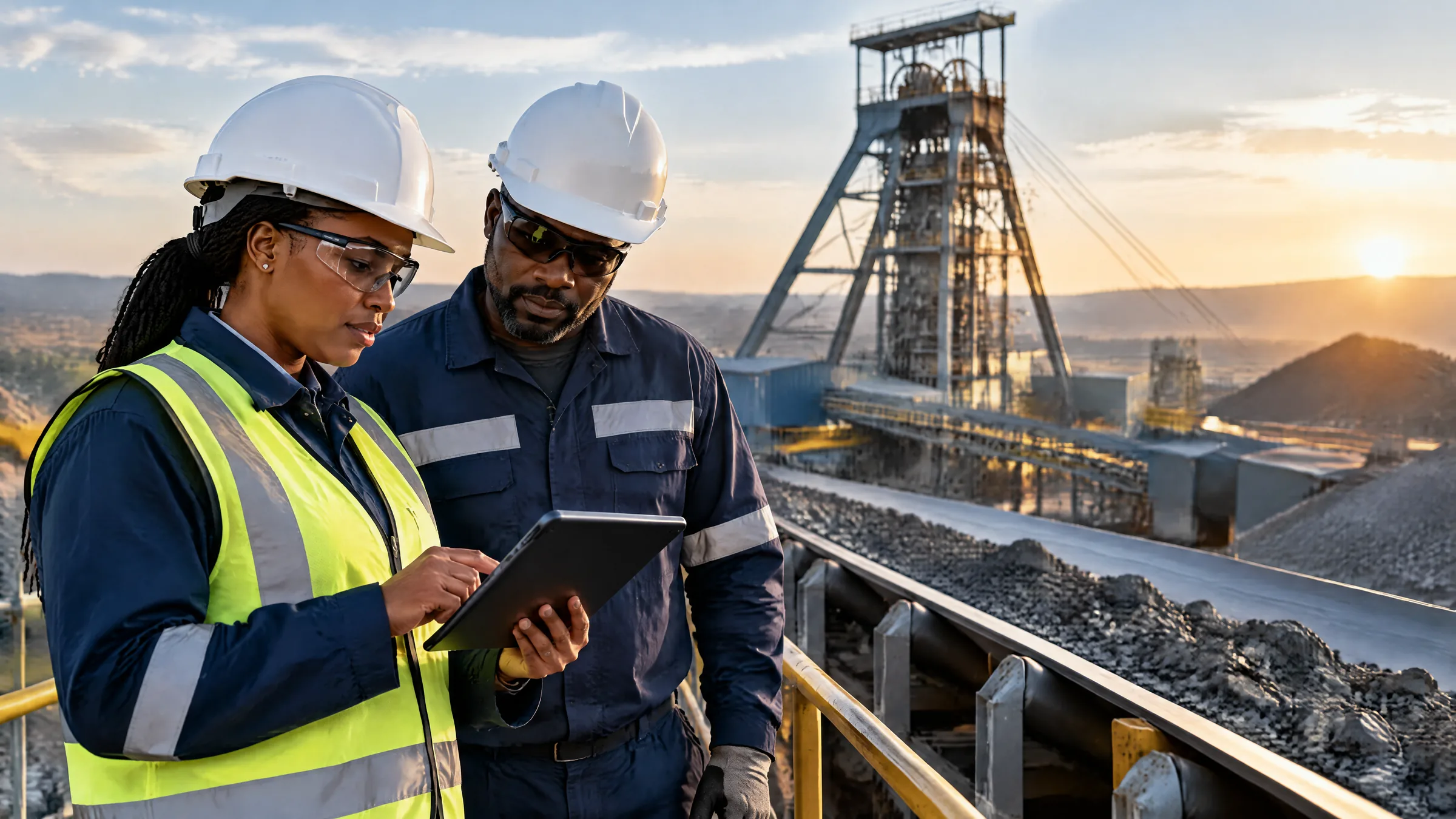 A safety officer reviewing a checklist on a tablet with a mine worker at the surface of a South African platinum mine, representing ISO 45001 occupational health and safety