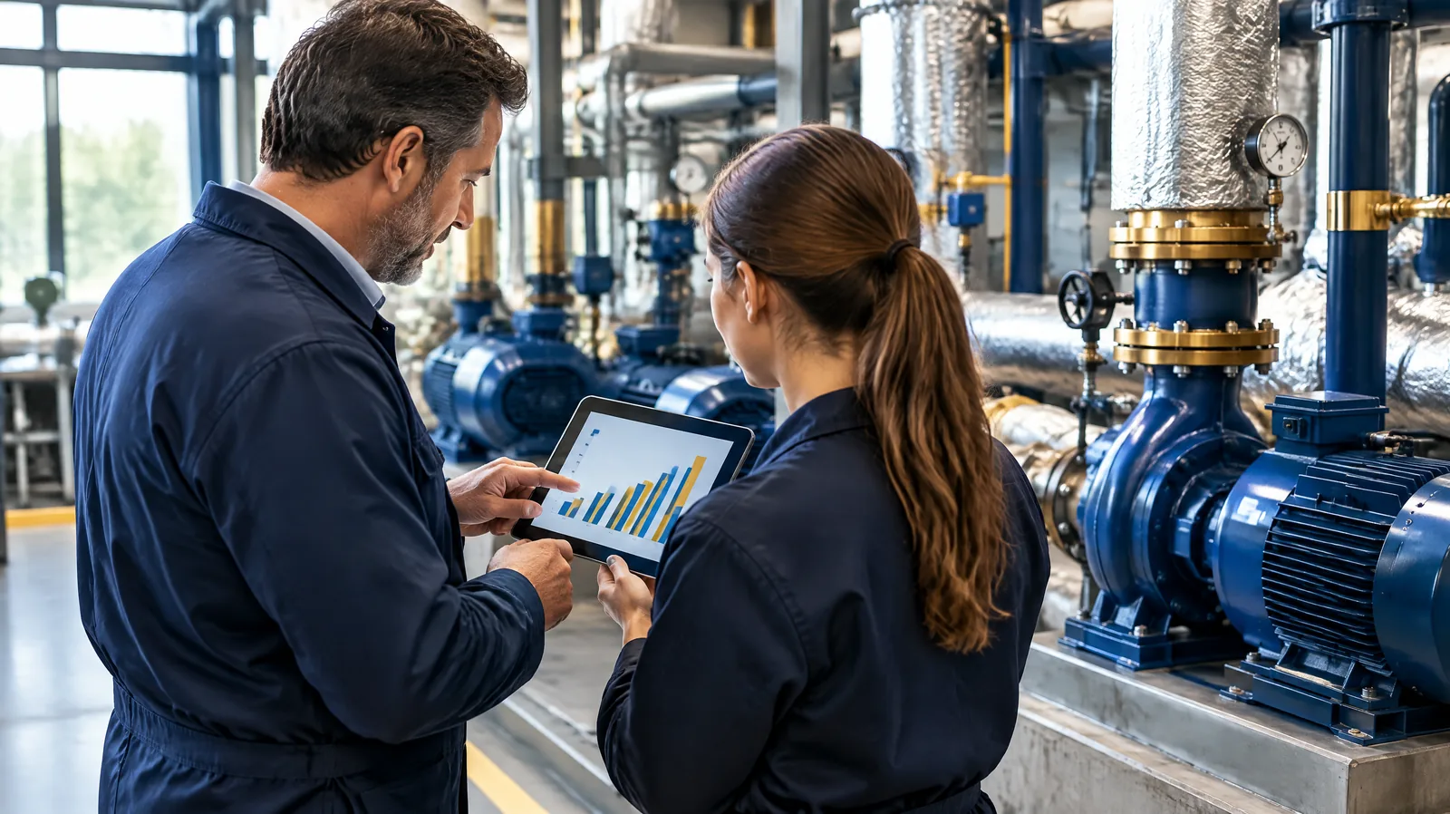 Facility manager and trainee checking an energy chart on a tablet in a plant room, representing ISO 55001, ISO 41001 and ISO 50001 training