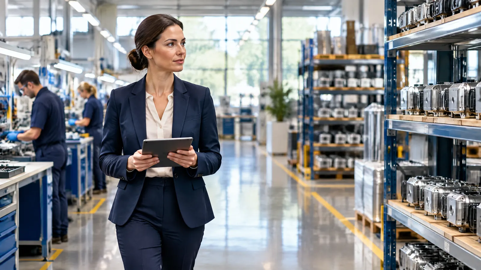 Quality manager with a tablet walking through a clean manufacturing plant, representing ISO 9001 consulting