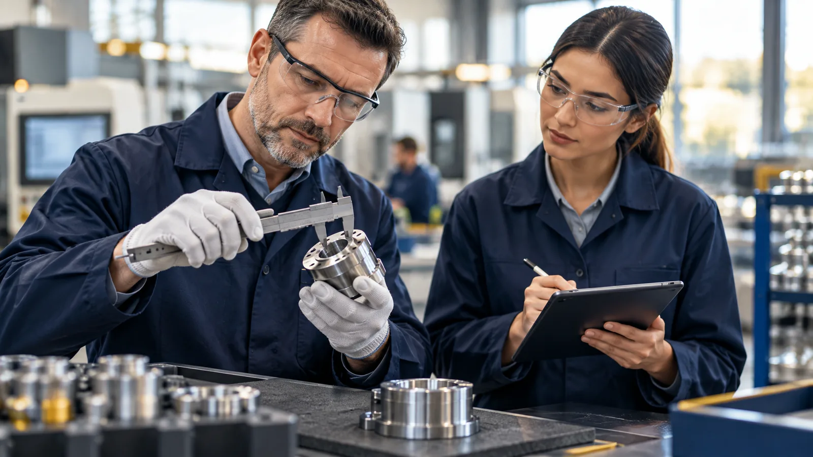 Quality auditor inspecting a precision component with calipers while a trainee takes notes, representing ISO 9001 auditor training