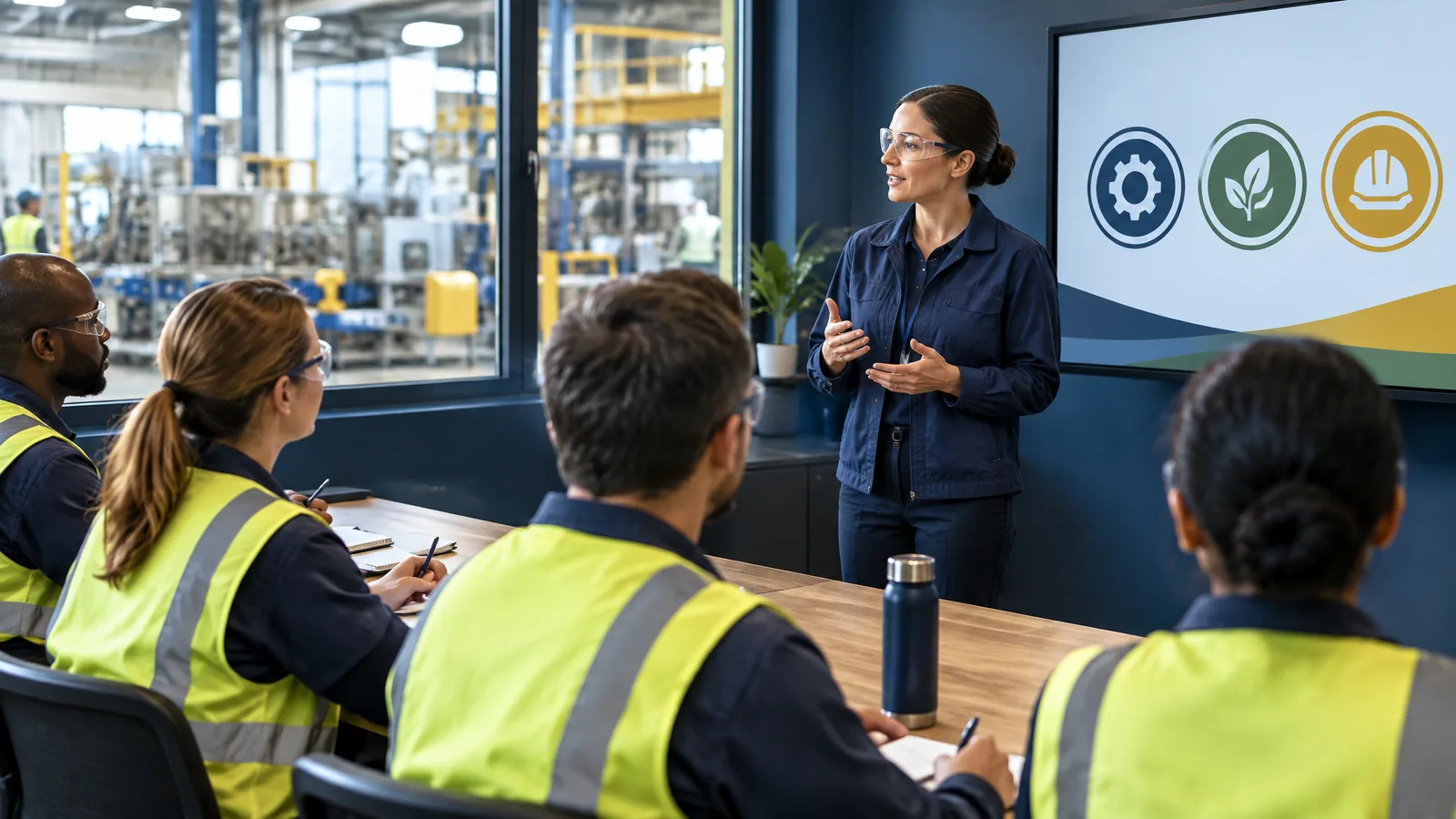 Trainer leading a session in a factory training room with participants in high visibility vests, representing ISO 9001, ISO 14001 and ISO 45001 training