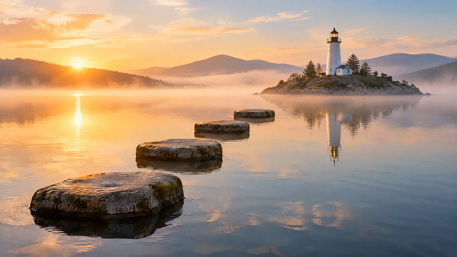 Stepping stones crossing a calm lake towards a lighthouse at sunrise, representing the staged certification journey